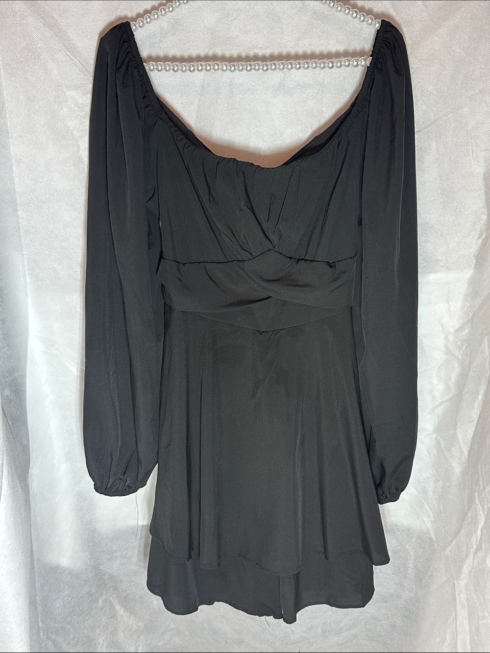 Black Long-Sleeve Romper with Draped Bodice
